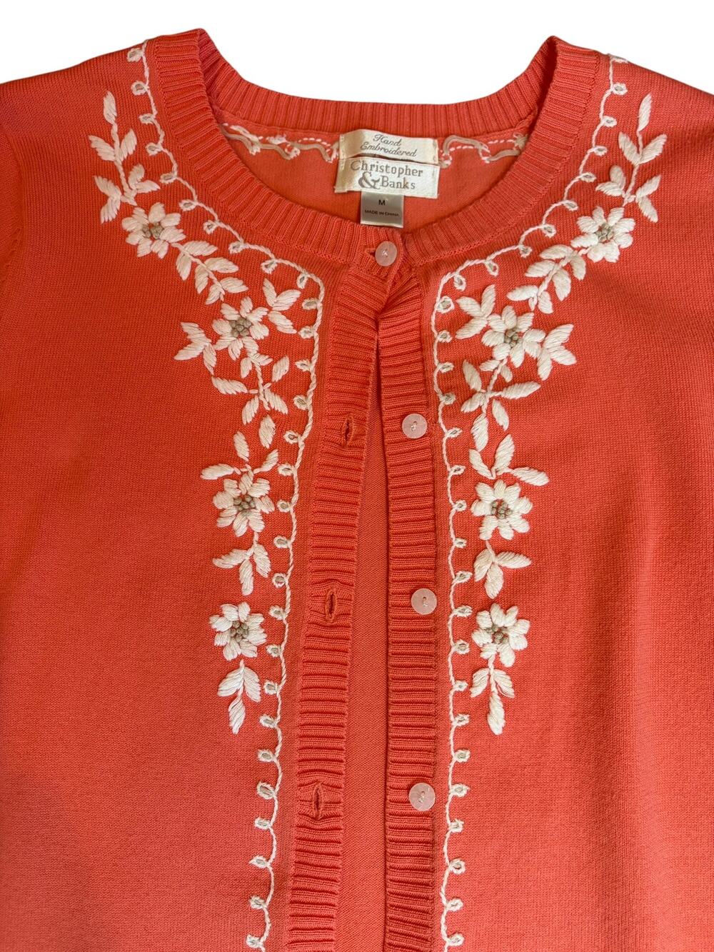 Vintage Women's Hand Embroidered Beaded Floral Cardigan MEDIUM Coral Pink VTG